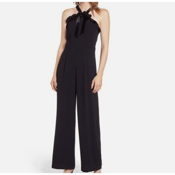 Cece by Cynthia Steffe Black cocktail jumpsuit wide legs size 0 bow sleeveless - Picture 1 of 9